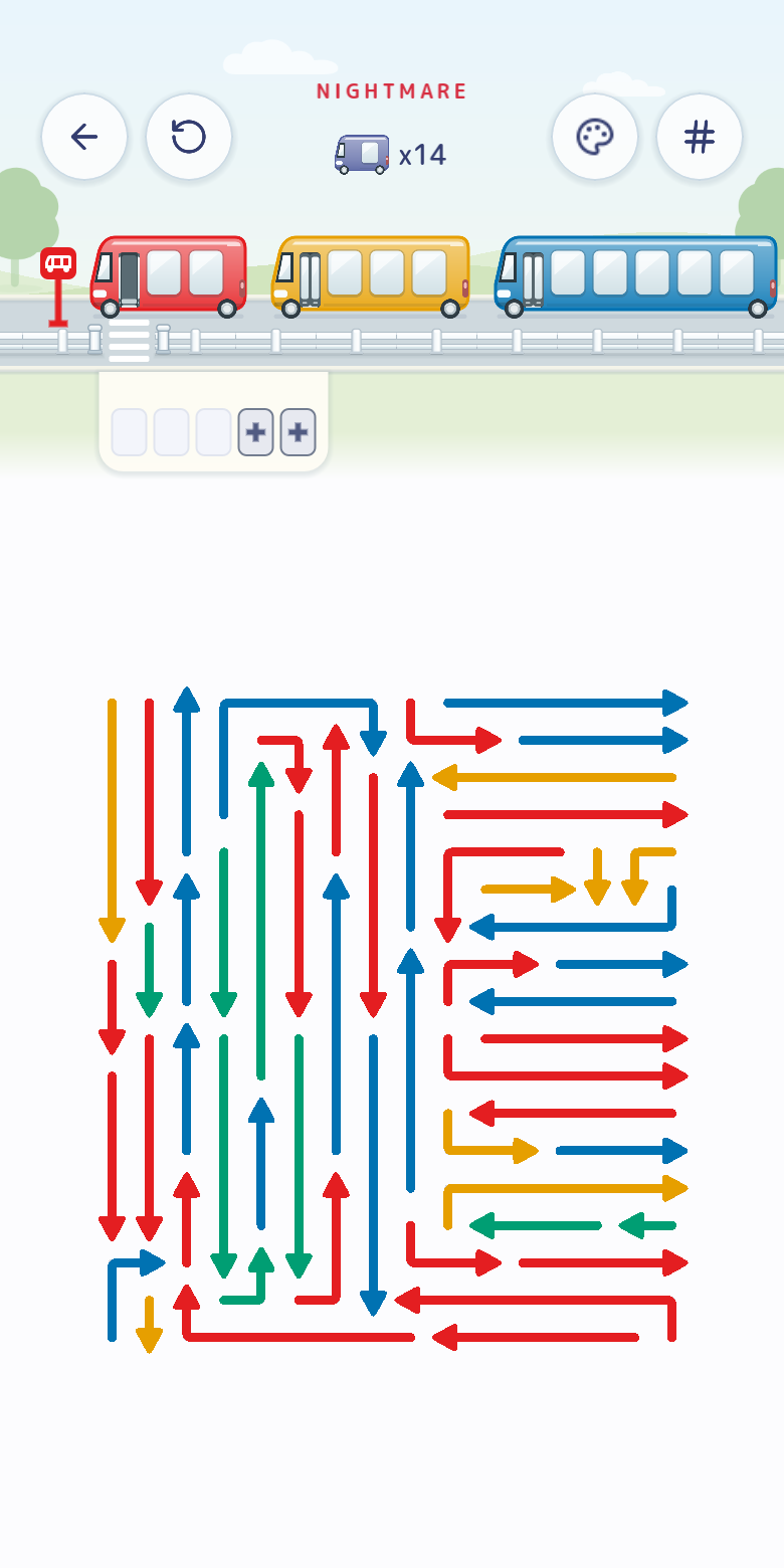 A full-size Daily Challenge board with a queue of colored buses