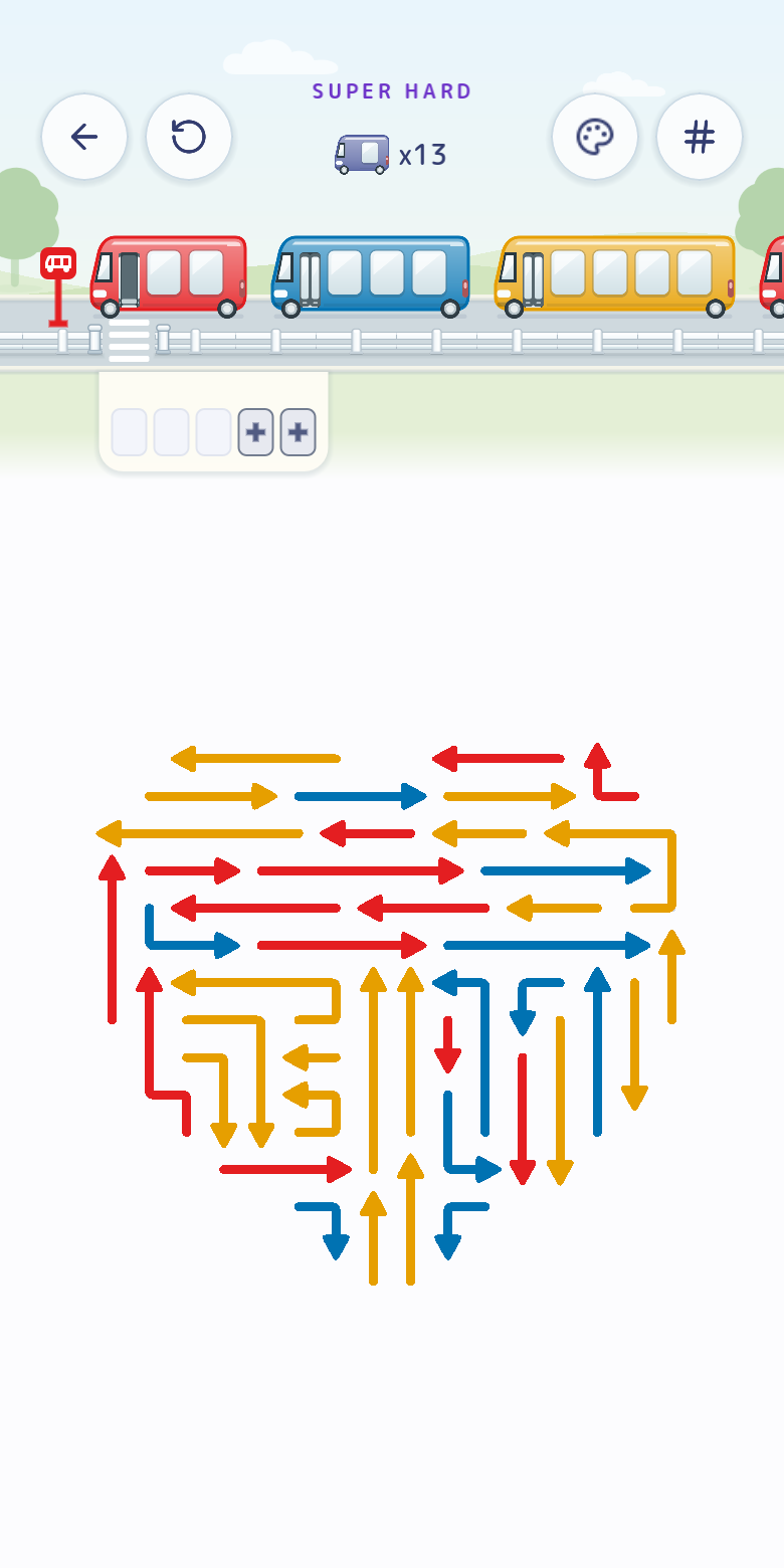 A heart-shaped collectible puzzle made of colorful arrows beneath the bus queue