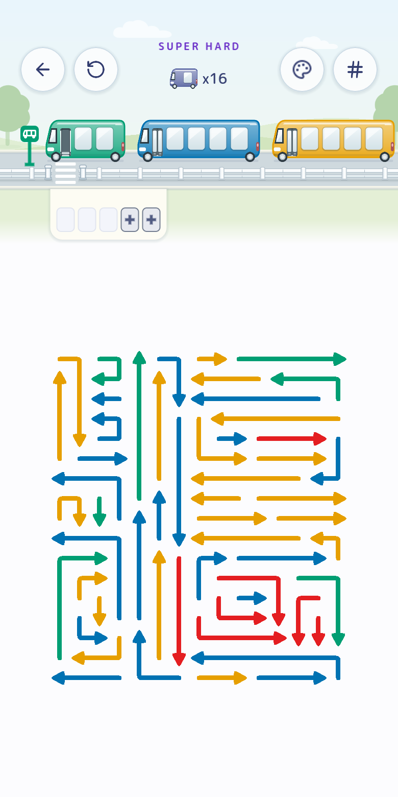 Arrow Bus gameplay with colored buses, waiting spaces, and a board of blue, orange, red, and green arrows